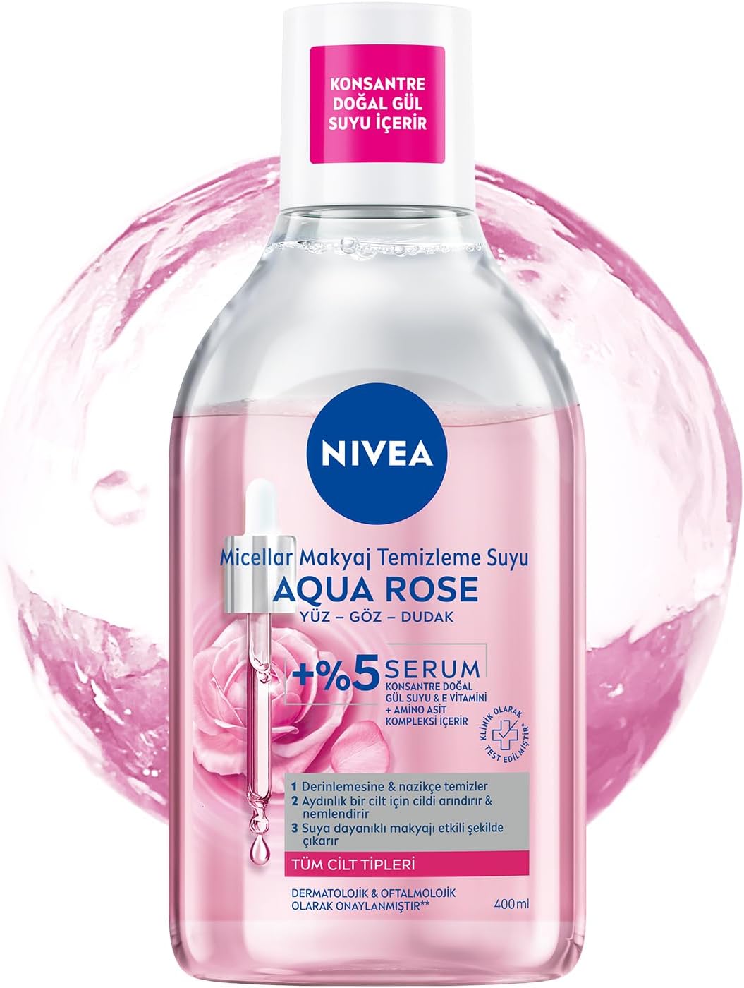 Aqua Rose Gül Suyu ve Serum İçeren Çift Fazlı Micellar Makyaj Temizleme Suyu 400ml,Yüz Göz Dudak, SPF Filtrelerini Temizler