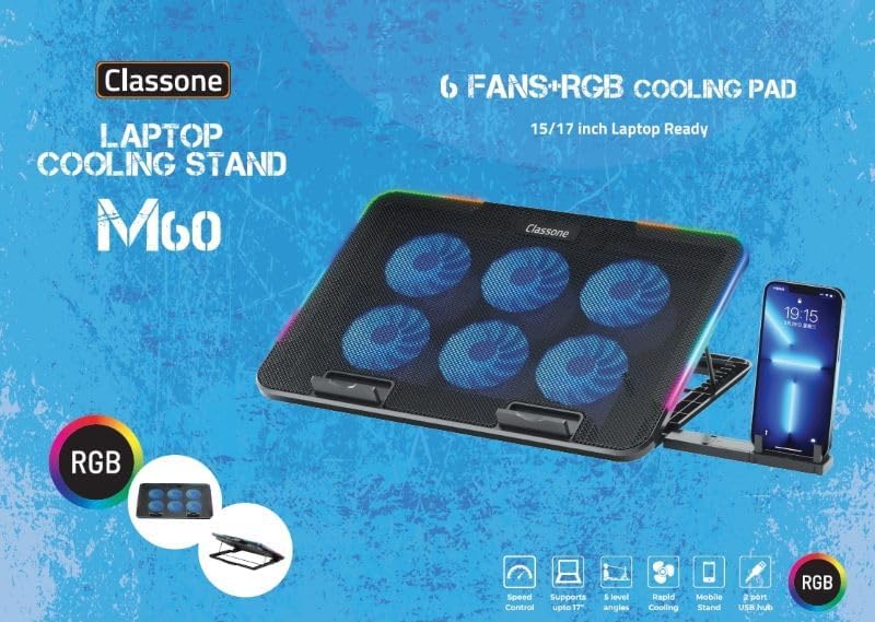 Alternative view of Gaming M60 Laptop Soğutucu, 2500 RPM,10 RGB ışık kontrolü, 15.6-17 inch, Hız kontrolü, 6 Büyük fan,Telefon standı, 2 USB