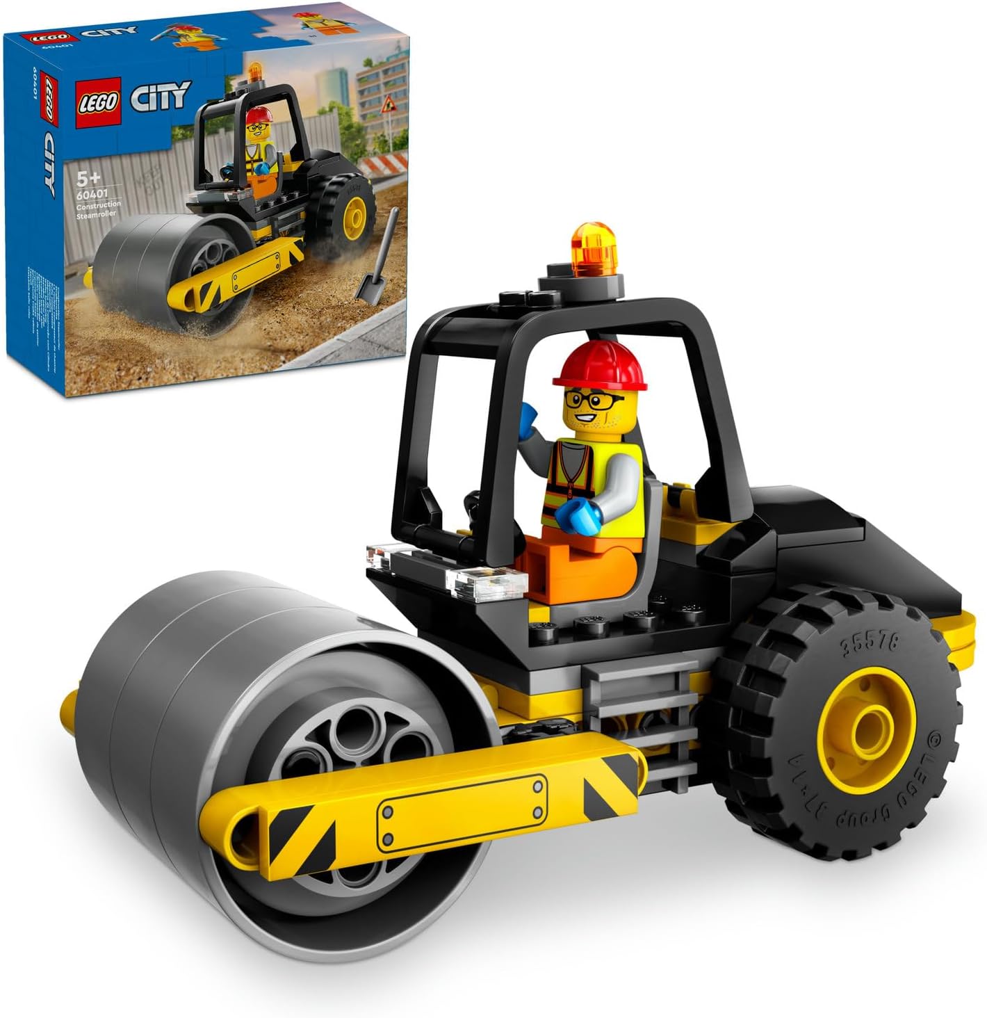 City Yol Silindiri 60401 – 5 Yaş ve Üzeri Kız ve Erkek Çocuklar için Doğum Günü Hediyesi Fikri, Kürekli ve Baretli İnşaat İşçisi Minifigürü İçeren Yaratıcı Oyuncak Yapım Seti (78 Parça) - Görsel 3