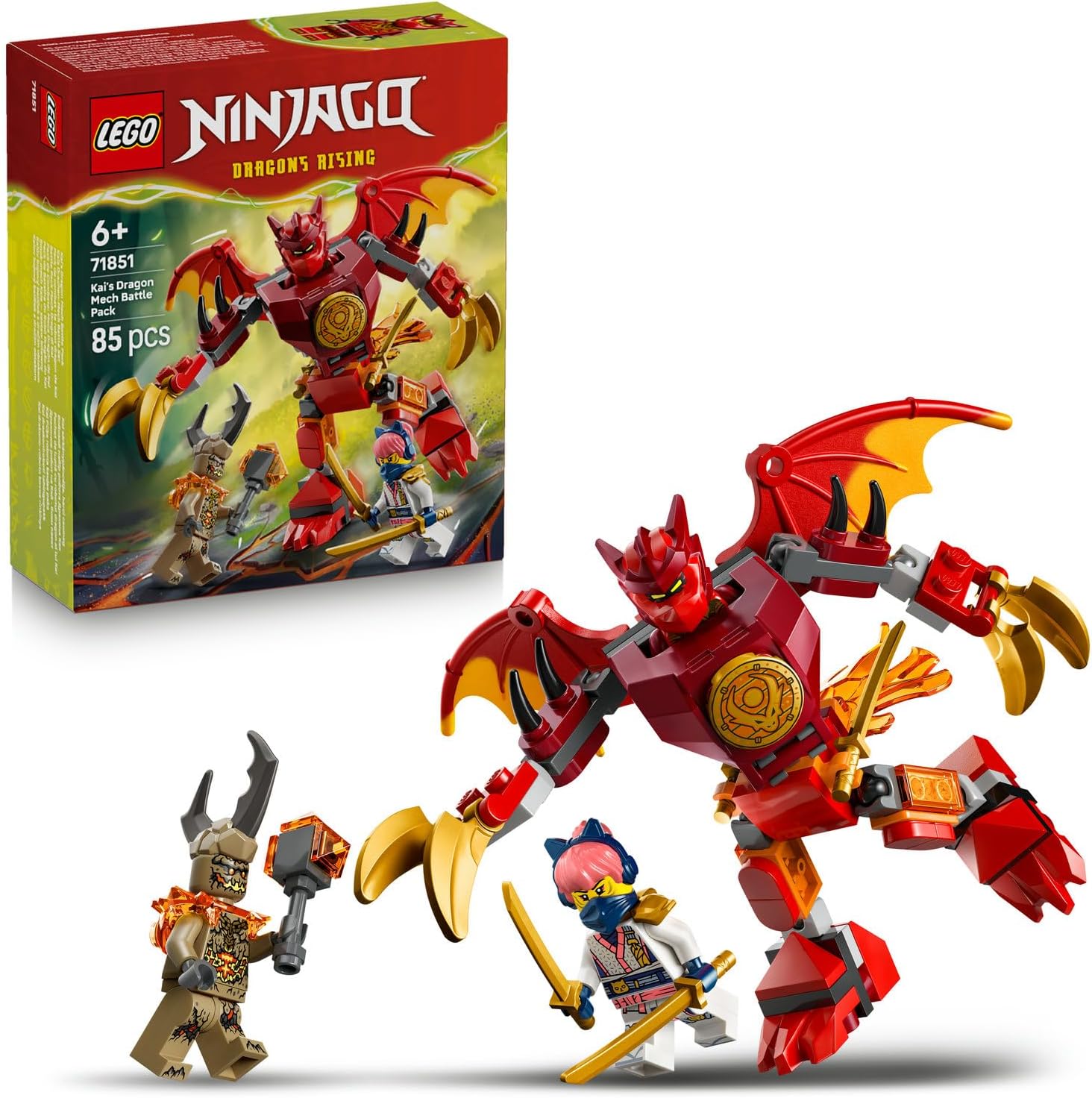 Kai’nin Ejderha Robotu Savaş Paketi 71851-6 Yaş ve Üzeri Çocuklar için 2 Kılıçlı Kai, Sora ve Pençeli Toprak Canavarı Minifigürleri İçeren Oyuncak Yapım Seti, Hediye Fikri (85 Parça)