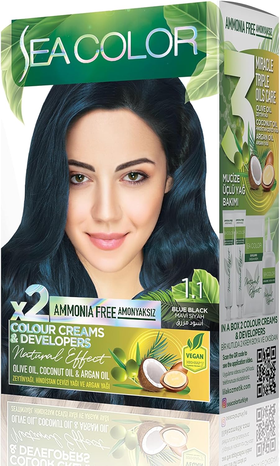 Amonyaksız, Vegan, Doğal, Besleyici Kalıcı Saç Boyası%100 Beyaz Kapama (1 PAKET 2 x 50 ml Boya & OKSİDAN) (Mavi Siyah 1.1)