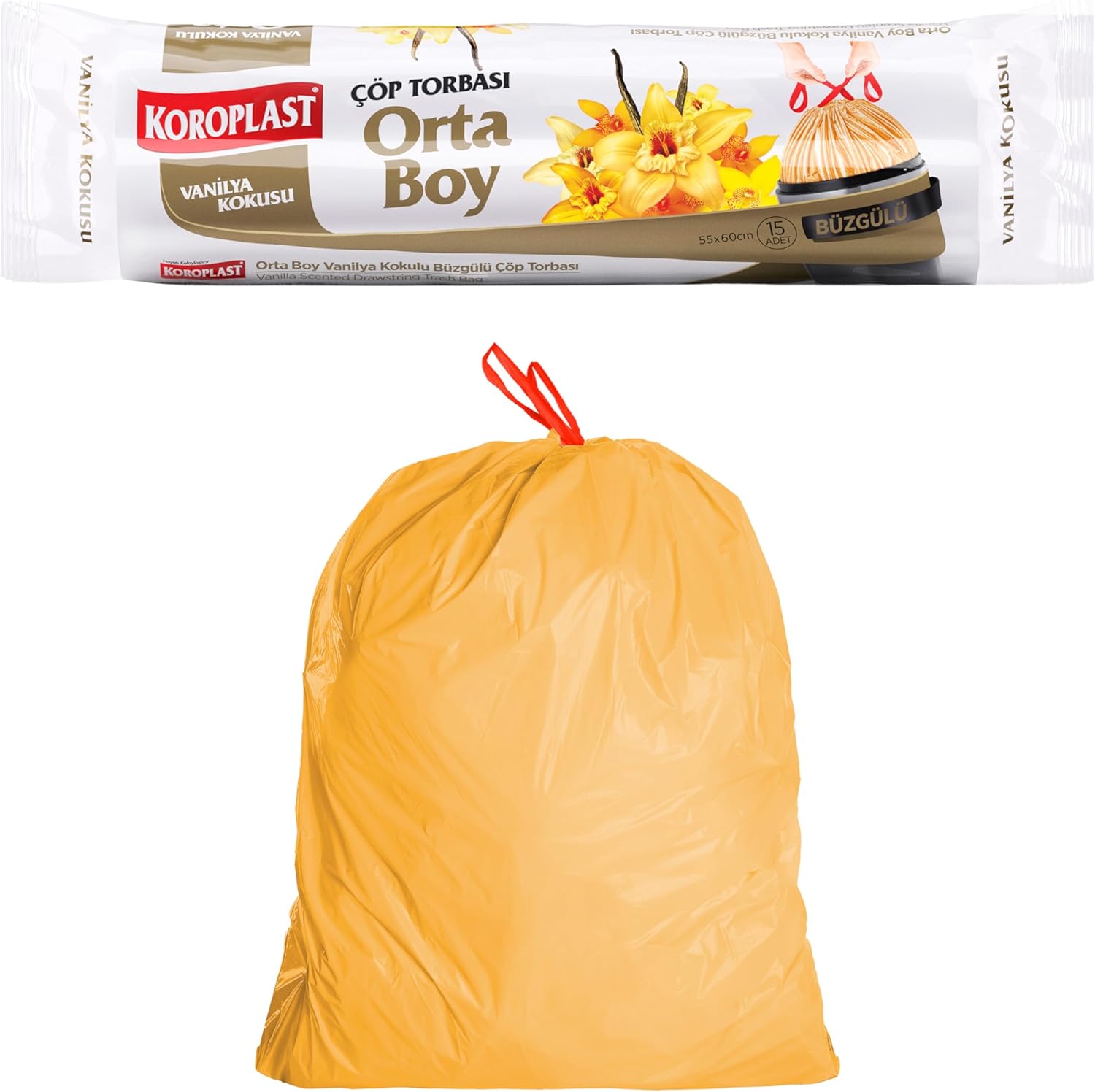 Vanilya Kokulu Orta Boy Büzgülü Çöp Poşeti 15'li 55x60 cm, Kolay Bağlanır Kokulu Büzgülü Orta Boy Çöp Torbası, Sızdırmaz, Yırtılmaz, Geri Dönüştürülebilir Atık Torbası, Güçlü Çöp Poşeti