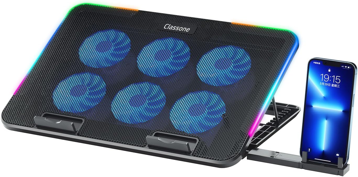 Gaming M60 Laptop Soğutucu, 2500 RPM,10 RGB ışık kontrolü, 15.6-17 inch, Hız kontrolü, 6 Büyük fan,Telefon standı, 2 USB - Görsel 3