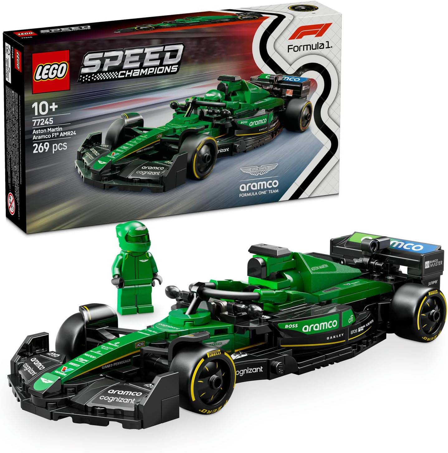 Martin Aramco F1 AMR24 Yarış Arabası 77245 – 10 Yaş ve Üzeri için Koleksiyonluk Sürücü Minifigürü İçeren Yapım ve Sergileme Seti, Babalar Günü Hediyesi (269 Parça)