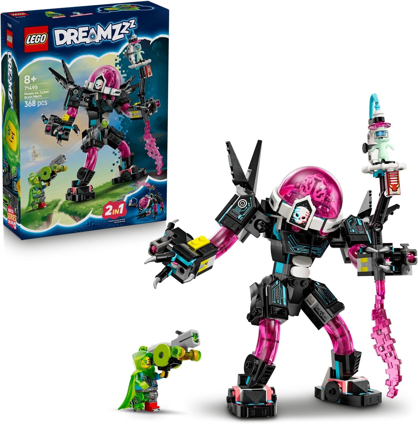 Mateo, Siber Beyin Robotuna Karşı 71495-8 Yaş ve Üzeri Çocuklar için Mermi Atıcılar, Açılan Kokpit ve Mateo Minifigürü ile Düşçü Figürü İçeren Yaratıcı Oyuncak Yapım Seti (368 Parça)