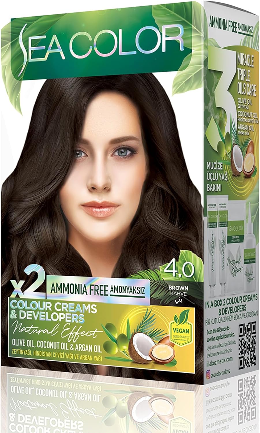 Amonyaksız, Vegan, Doğal, Besleyici Kalıcı Saç Boyası%100 Beyaz Kapama (1 PAKET 2 x 50 ml Boya & OKSİDAN) (Kahve 4.0)
