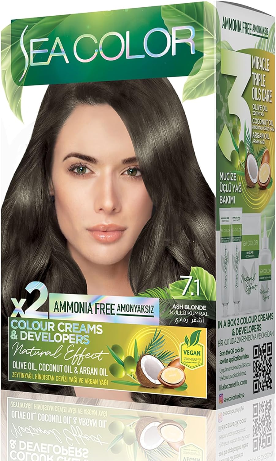 Amonyaksız, Vegan, Doğal, Besleyici Kalıcı Saç Boyası%100 Beyaz Kapama (1 PAKET 2 x 50 ml Boya & OKSİDAN) (Küllü Kumral 7.1)