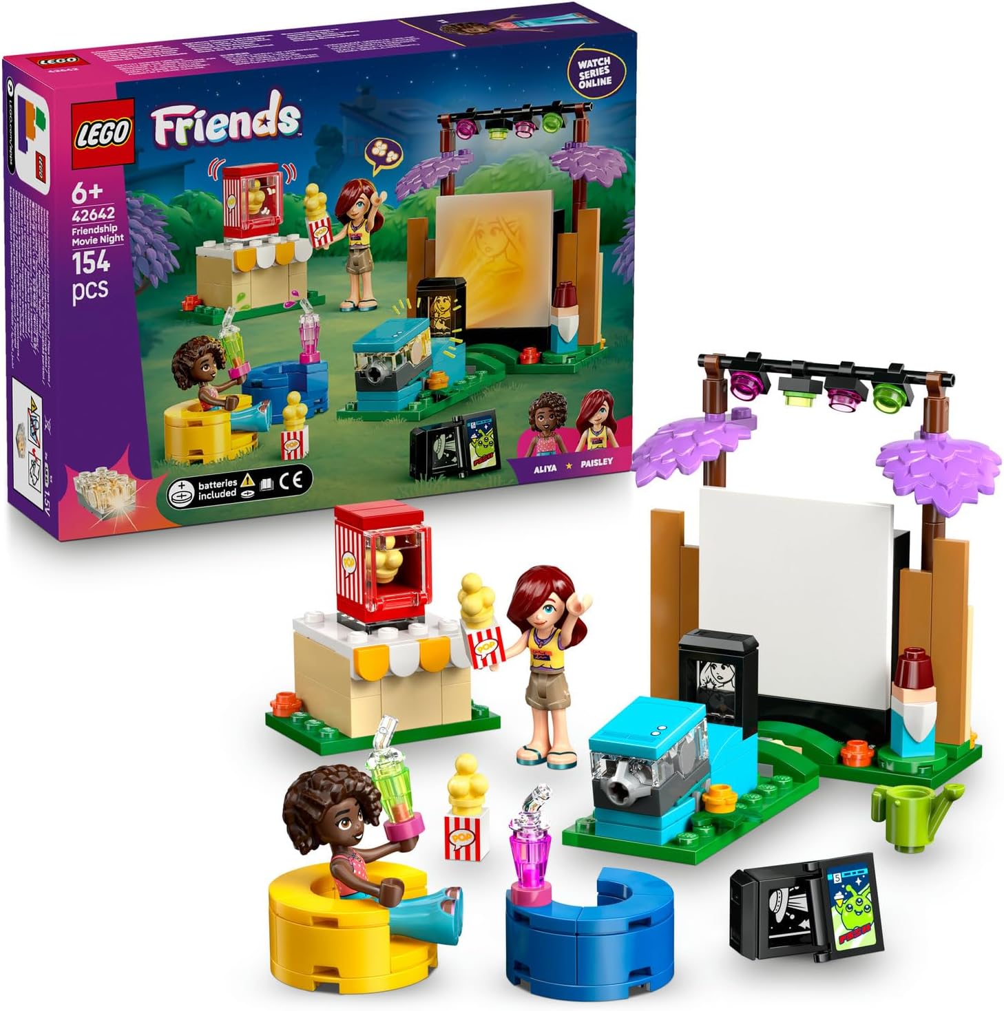 Arkadaşlık Film Gecesi 42642-6 Yaş ve Üzeri Kız ve Erkek Çocuklar için 2 Mini Bebek ve Aksesuarlar İçeren Yaratıcı Rol Yapma Oyuncağı Yapım Seti, Doğum Günü Hediyesi Fikri (154 Parça)