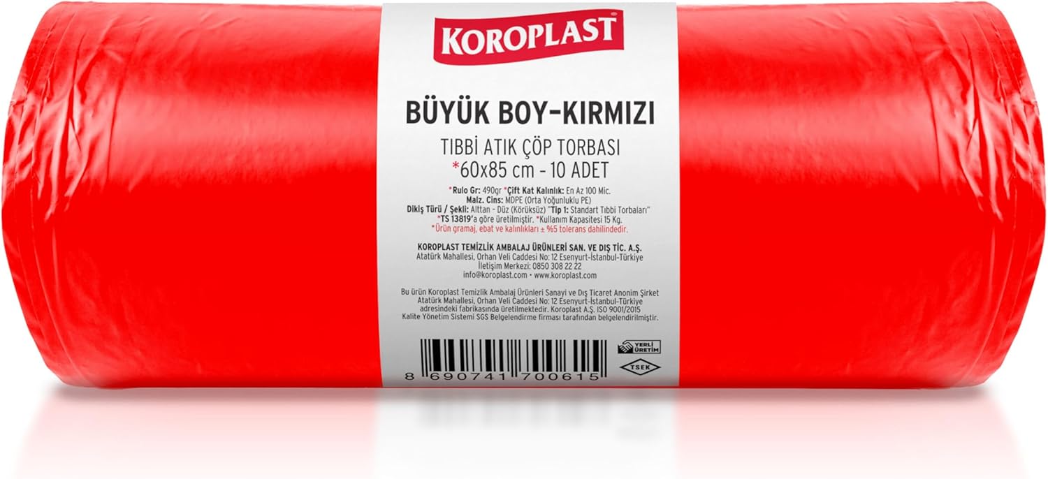 Büzgülü Tıbbi Atık Poşeti Büyük Boy 60x85 cm, 10x10'lu Sızdırmaz Yırtılmaz Profesyonel Çöp Poşeti, Geri Dönüştürülebilir Kolay Bağlanır Tıbbi Atık Torbası, Hastane, Klinik Büzgülü Çöp Poşeti