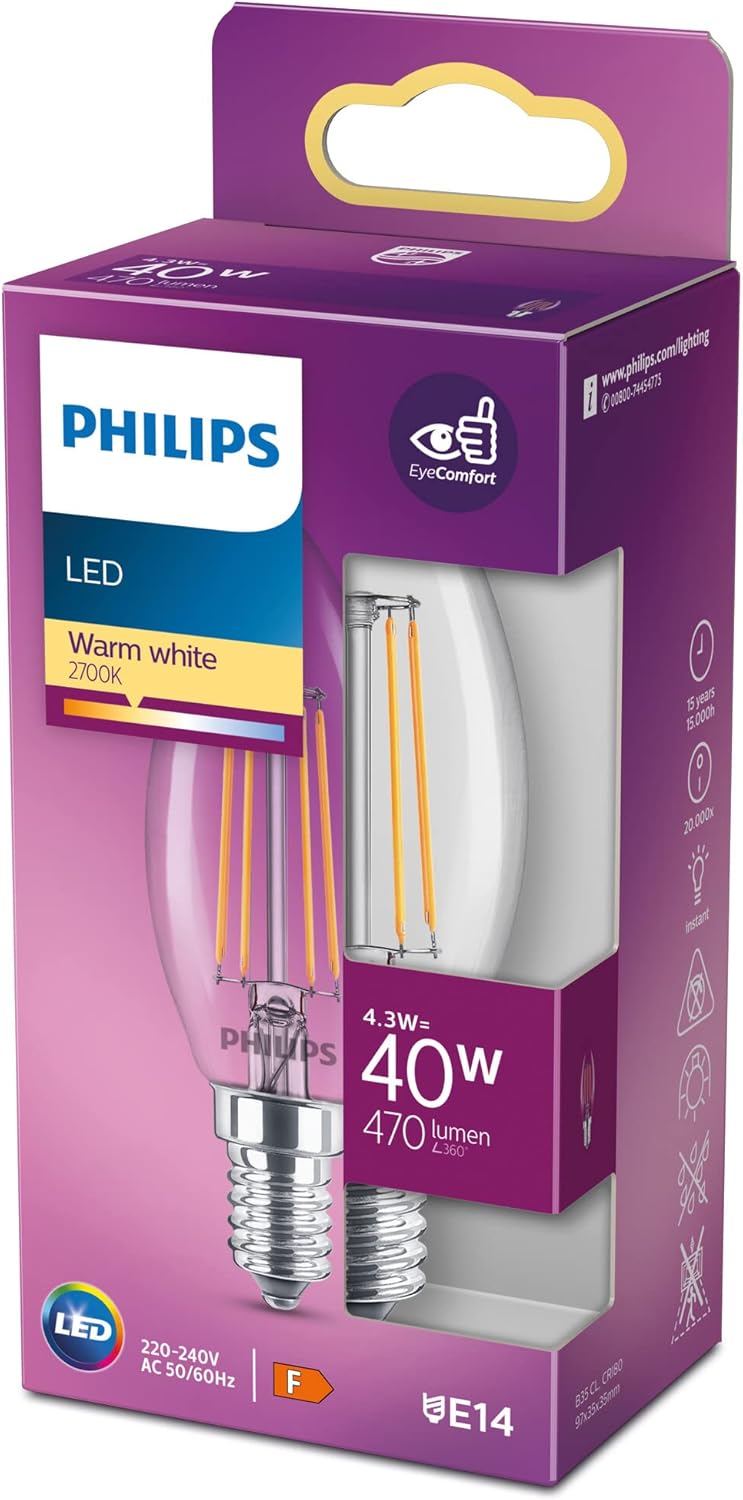 LED Classic 40W B35 Led Mum Filament Ampul, 2700K Sarı Işık, E14 İnce Duy, Dim Edilmez