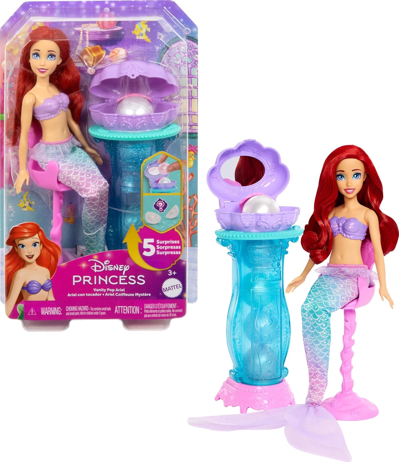 Prensesi oyuncakları, kuyruğu çıkarılabilir Ariel Vanity Pop deniz kızı bebek, tekrarlanabilir 5 sürprize sahip makyaj masası ve 5 aksesuar, JBF86