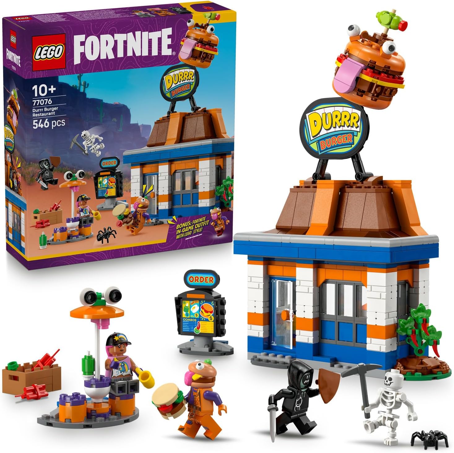 Fortnite Durrr Burger Restoranı 77076-10 Yaş Üzeri Çocuklar için Bronz Bombacı, Burger Bey, Ruh Emici ve İskelet Minifigürleri İçeren Video Oyunu Temalı Yaratıcı Oyuncak Yapım Seti (546 Parça)