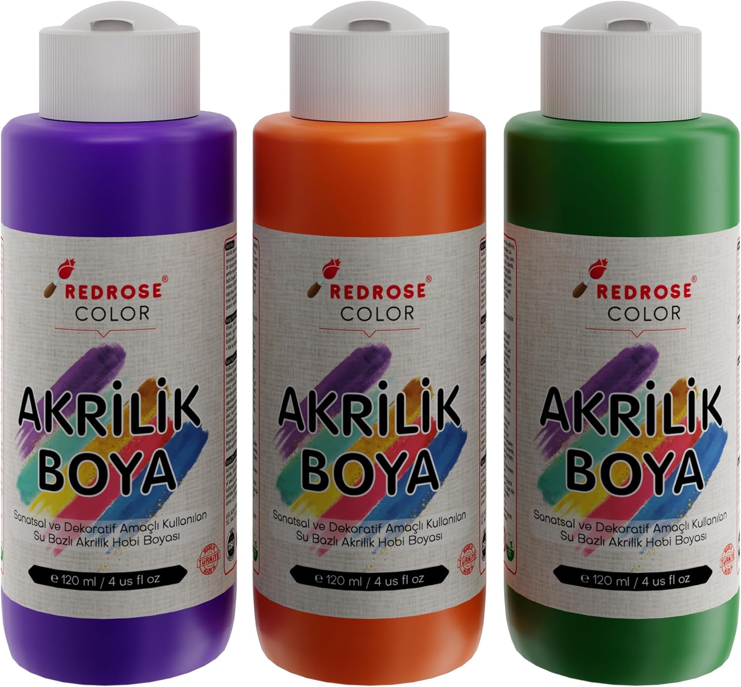 Yeşil, Mor, Turuncu Akrilik Boya 3'lü Set 3x120 ml
