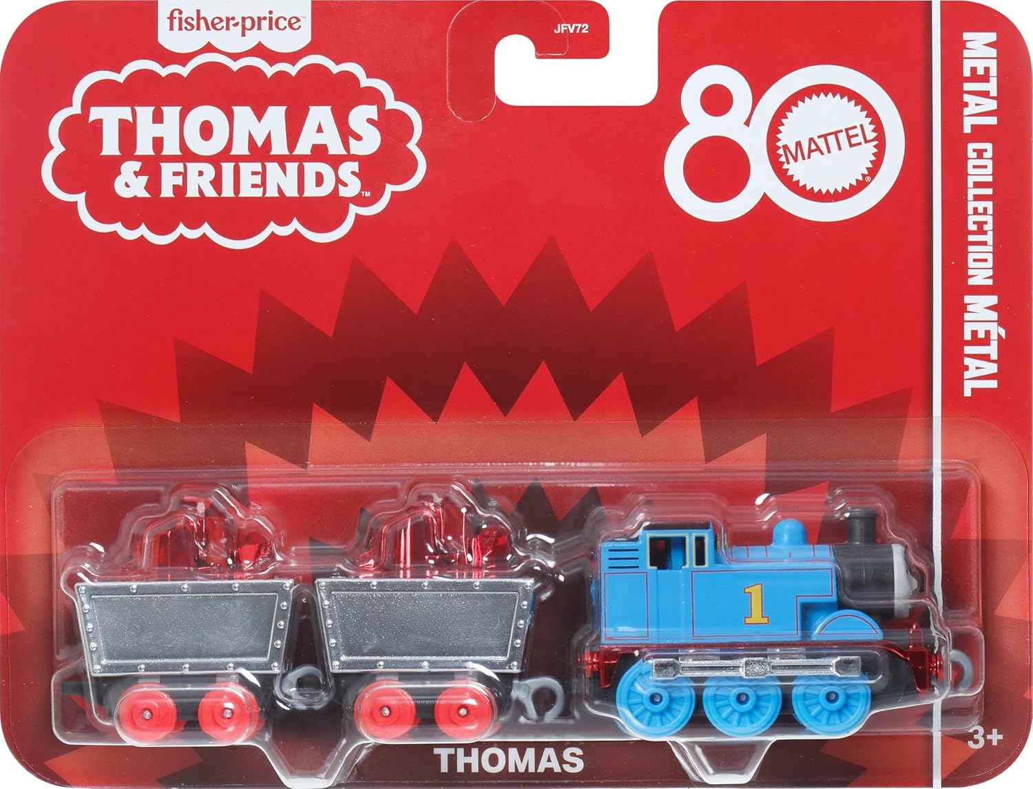 Alternative view of Thomas ve Arkadaşları oyuncak tren, birinci sınıf süslemeleri, 2 döner tekerlekli yük vagonu ve kırmızı kristal kargosuyla Mattel'in 80. Yılı küçük metal lokomotif, JFV72