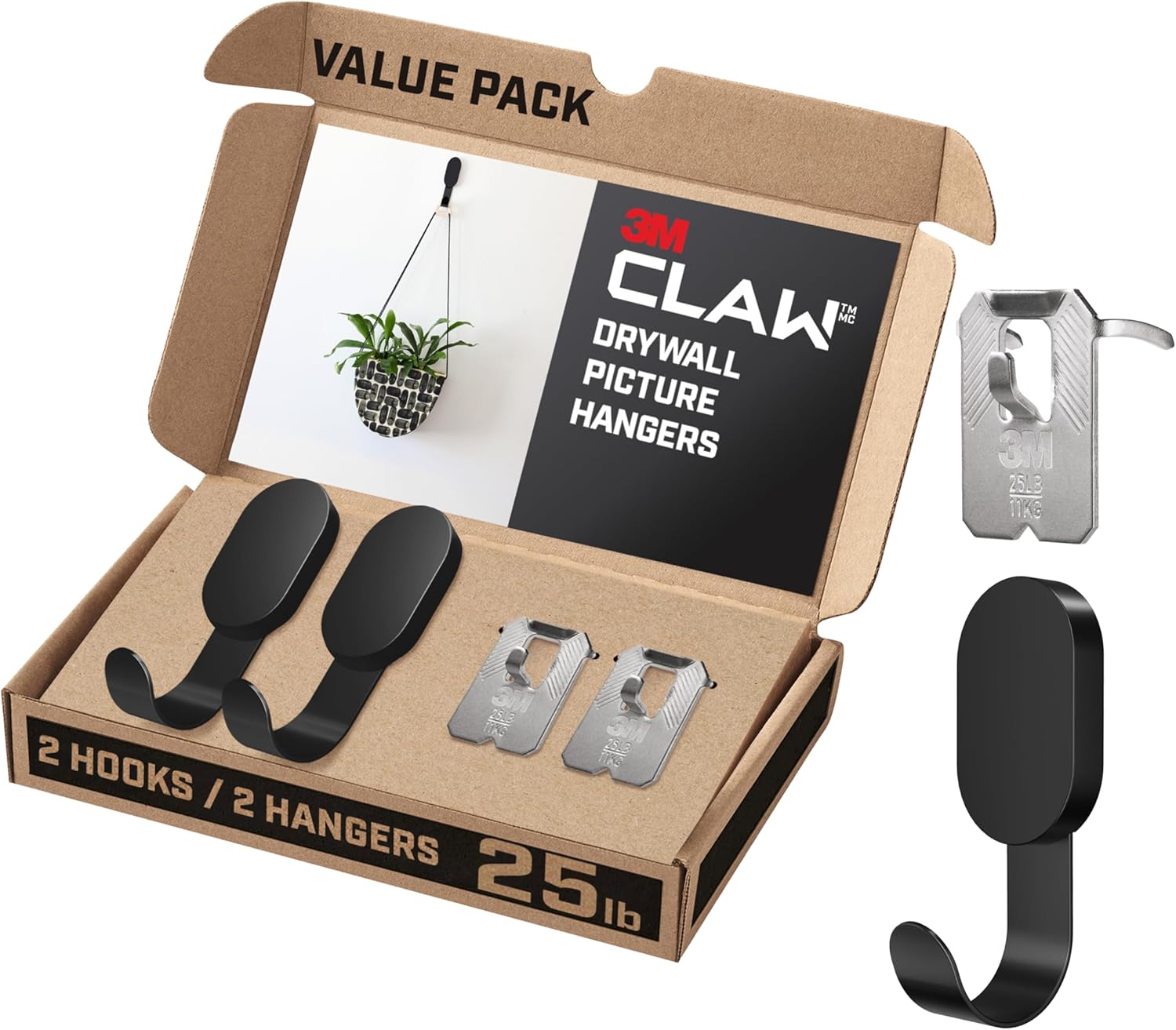 3M CLAW 25 lbs. Alçıpan Kanca ve Resim Askısı Seti, Ev Dekoru ve Oda Dekoru için Ağır Asma Çözümü, 2 Mat Siyah Kanca ve 2 Resim Askısı