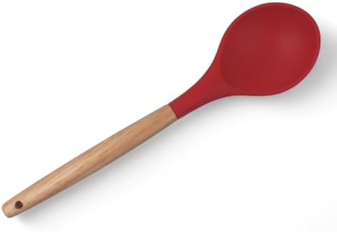 Bambu Saplı Silikon Servis Kaşığı, Bambu Uzun Silikon Servi Kaşığı 28cm 3 Renk Seçenekli, Yemeklerinizi Servis Etmek İçin Silikon Servis Kaşığı (KIRMIZI) - Görsel 3