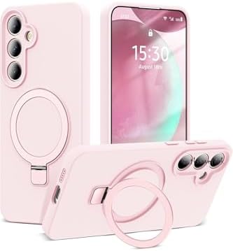 - Galaxy S24 FE ile uyumlu Kılıf Magsafe ile uyumlu Halkalı Extra Standlı içi Kadife Yumuşak Renkli Silikon Kapak - Açık Pembe