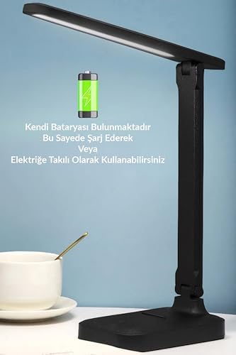 Alternative view of Şarjlı Masa Lambası 3 Renk Dokunmatik Telefon Standlı Kademeli Çalışma Okuma Işığı Lambası 9W (Siyah)