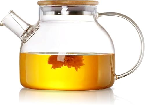 Bambu Kapaklı Kendinden Süzgeçli Borosilikat Cam Demlik – 1000 ml Isıya Dayanıklı Termisil Cam Çay, Kahve ve Bitki Çayı Demliği, Cam Çaydanlık