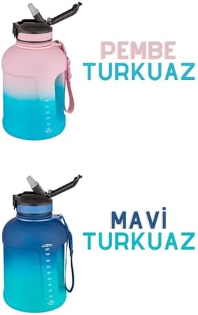 1700ml Çift Renk Pipetli Taşıma Askılı Kulplu Softtouch Motivasyon Su Matarası SM-3067-PEMBETURKUAZ