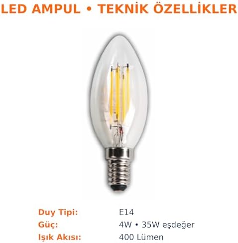 LED Rustik Mum Buji Ampul – E14 Duy, 4W (35W Eşdeğer), 3000K Günışığı, 400 Lümen – 220-240V, 3.5x10 cm – 10’lu Paket - Görsel 3