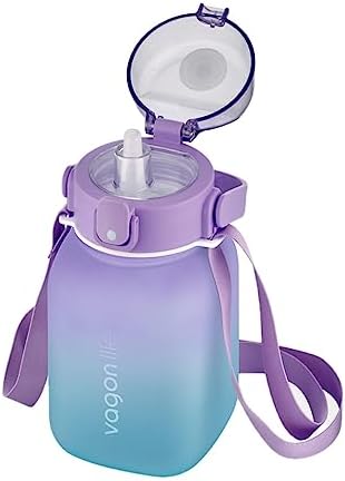 1100ml Çocuk ASKILI Pipetli/Pipetsiz Kullanım Çift Renk SoftTouch Motivasyon Matarası Çıkartma Hediyeli
