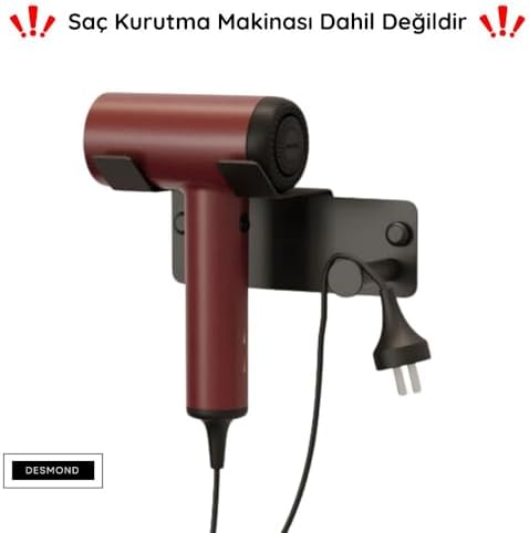 Desmond Saç Kurutma Makinesi Askısı, Mat Siyah, Yapışkanlı ve Vidalı Montaj Seçenekli, Banyo ve Lavabo İçin - Görsel 2