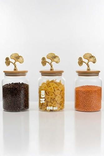 Alternative view of 3’Lü Bambu Kapaklı Ginkgo Figürlü Kavanoz Seti - Orta Boy Saklama Kabı 890Ml