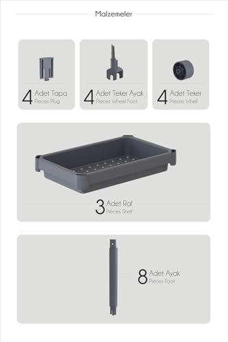 3 Katlı Tekerlekli Raf Ünitesi - Banyo & Mutfak Organizer - Çok Amaçlı Servis Sehpası - Dar Alanlar İçin Pratik Saklama Çözümü (BEYAZZ)