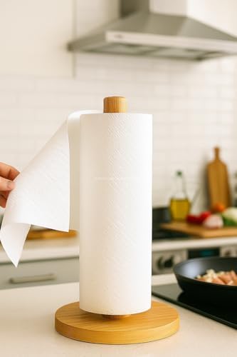 Alternative view of Bambu Kağıt Havluluk Doğal Ahşap Mutfak Tezgahı İçin Dikey Kağıt Havlu Standı Modern Şık Tasarım Dayanıklı Kolay Temizlenir Kaymaz Tabanlı Pratik Kağıt Havlu Tutucu Organizer (Yuvarlak)