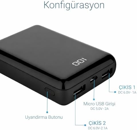 10000 mAh Taşınabilir Powerbank, Çift USB Çıkışlı (2.1A Hızlı Şarj), LED Dijital Ekranlı, Ultra İnce ve Hafif 180 g, Telefon ve Tablet Uyumlu (Siyah)