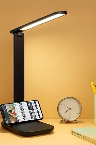Şarjlı Masa Lambası 3 Renk Dokunmatik Telefon Standlı Kademeli Çalışma Okuma Işığı Lambası 9W (Siyah) - Görsel 3
