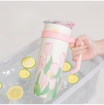 Diller 1200ml Pembe Lale Desenli Tumbler Pipetli/Pipetsiz Kulplu Paslanmaz Çelik Termos