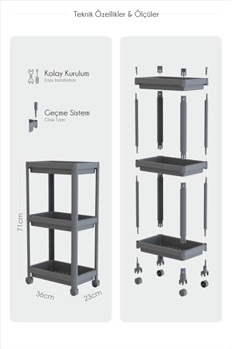 Alternative view of 3 Katlı Tekerlekli Raf Ünitesi - Banyo & Mutfak Organizer - Çok Amaçlı Servis Sehpası - Dar Alanlar İçin Pratik Saklama Çözümü (GRİ)