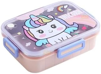 750ml Lunchbox Sevimli Dostlar Tek Katlı 3 Bölmeli Paslanmaz Çelik Sefer Tası Yemek Kutusu (Pembe Unicorn) - Görsel 3
