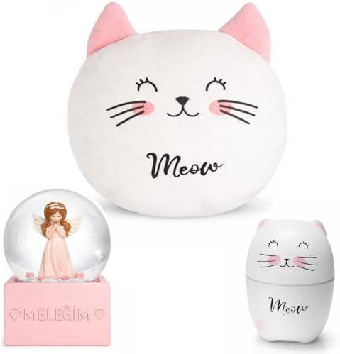 Kedi Temalı Dekoratif Tasarıma Sahip Hediye Seti – Peluş Kedi Yastık + Buhar Makinesi Nemlendirici + Melek Figürlü Kar Küresi | Dekoratif Hediye Seti - Görsel 2