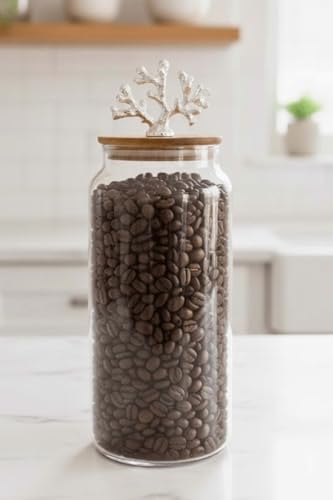 Alternative view of 1400 Ml Borosilikat Cam Kavanoz - Gümüş Mercan Figür Bambu Kapaklı Lüks Saklama Kabı