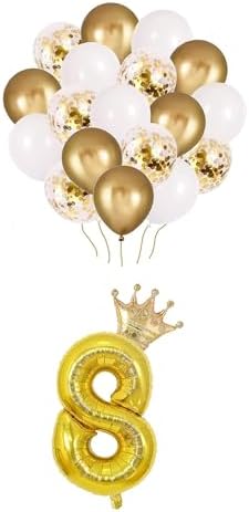 8 Rakam Gold Folyo Balon, Kral Tacı Ve Konfetili Gold Balon