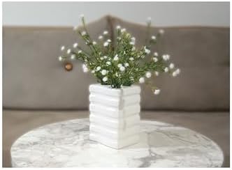 VAZO DAHİL,VAZO DAHİL,VAZODA ÇİÇEK,BEYAZ YAPAY ÇİÇEK,VAZO DEKORATİF KARE ÇİZGİLİ 8X6X16CM