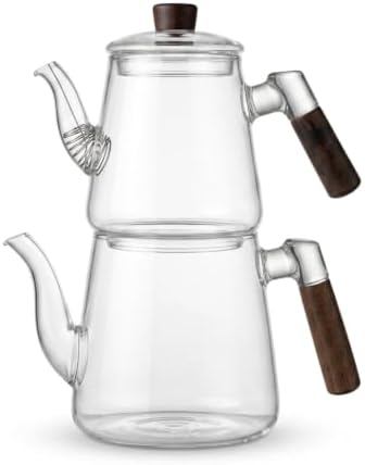 1000 ml + 750 ml Akasya Ahşap Kulplu Cam Çaydanlık Takımı - Isıya Dayanıklı Borosilikat Pürüzsüz Şeffaf Tasarım, Yaylı Süzgeçli Lüks Çaydanlık