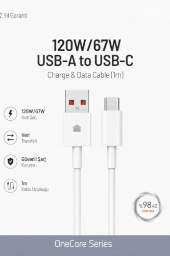 120W/67W USB-A to USB-C Hızlı Şarj ve Data Kablosu 1m Beyaz - Görsel 3
