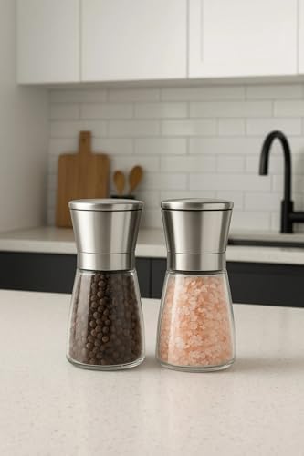 Cam Gövdeli Metal Krom Renk Kapaklı Tuz Karabiber Değirmeni Tuz Karabiber Öğütücü 13 Cm 2 Adet