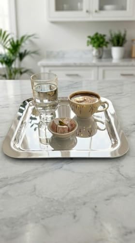 6'lı Lüks Paslanmaz Çelik Kare Sunum Tepsisi Seti - Gold ve Gümüş Seçenekli-Kahve Yanı İkramlık, Lokumluk, Dekoratif Takı Tabağı ve Bardak Altlığı (Gümüş) - Görsel 3