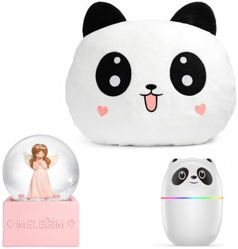 Panda Temalı Dekoratif Tasarıma Sahip Hediye Seti – Peluş Panda Yastık + Buhar Makinesi Nemlendirici + Melek Figürlü Kar Küresi | Dekoratif Hediye Seti - Görsel 3