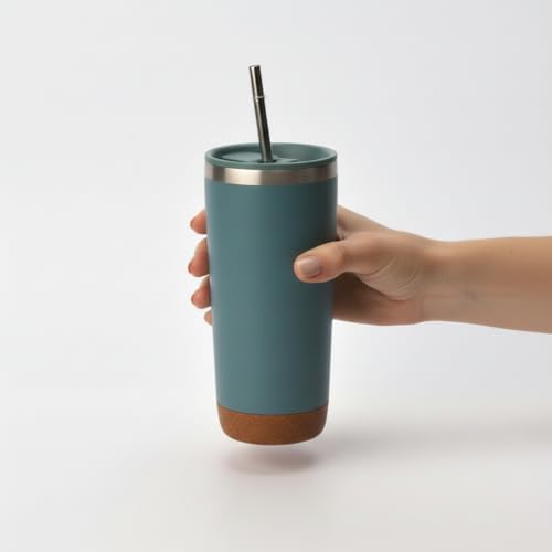 590 ml Paslanmaz Çelik Pipetli Termos Kupa - 4 Renk Seçeneği (Siyah, Yeşil, Gri, Mavi) - Sıcak ve Soğuk Tutan Mug - Araç ve Ofis Bardağı (YEŞİL)