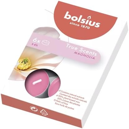 Bolsius Kokulu Tealight Mum, Manolya Kokulu, Pembe Renkli, 6'lı Paket, 4 Saatlik Yanma Süresi - Ev Mumu - İç Dekorasyon - Doğal Özler - Doğal Vegan Balmumu İçerir - Palmiye Yağı İçermez - Görsel 2