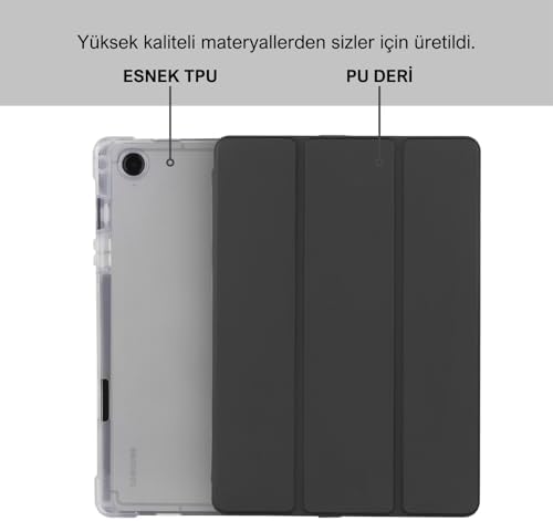 Galaxy Tab A9+ Plus 11 inç Uyumlu Smart Kılıf, S Pen Kalemlikli, Trifold, Esnek, Mat, Darbeye Tam Dayanıklı Tablet Kılıfı (Siyah) - Görsel 3