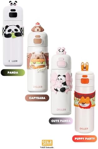 Diller 480ml Sevimli Hayvanlar Süslü Pipetli/Pipetsiz El Askılı Paslanmaz Çelik Termos (Pembe Panda) - Görsel 3