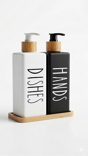 Alternative view of Premium Mat Siyah & Beyaz Mutfak Sabunluk Seti - Bambu Tepsili 2x450ml Bulaşık Deterjanı ve Sıvı Sabun Pompası (Hands & Dishes)