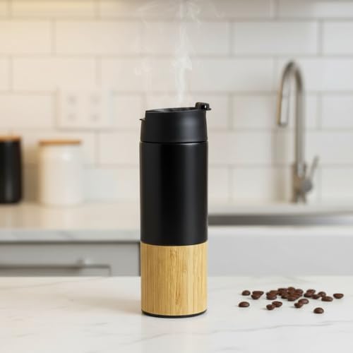 Alternative view of 450 ml Bambu Kaplamalı Çelik Termos - Sıcak ve Soğuk Tutucu Sızdırmaz Mat Siyah Kahve Termosu